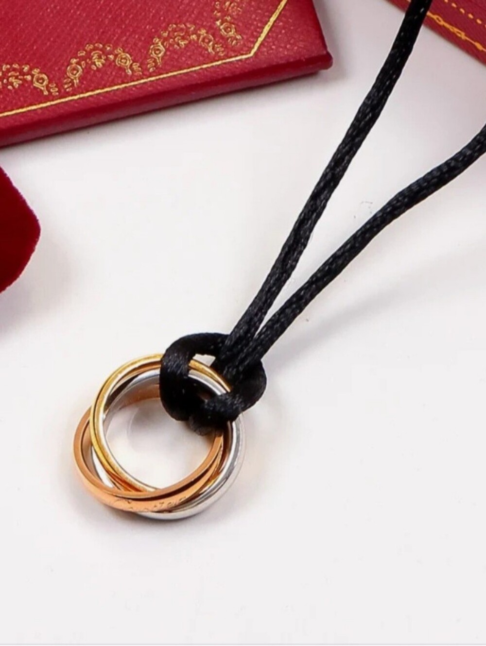 Tri-Color Interlocking Ring Pendant Necklace - Black Cord